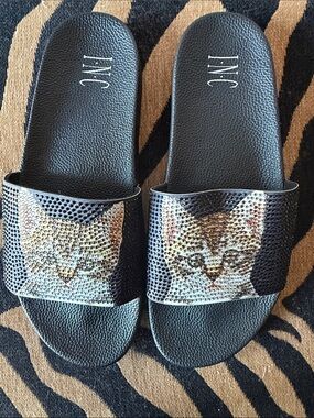 Inc Slides with Rhinestone Cat Motif - Black